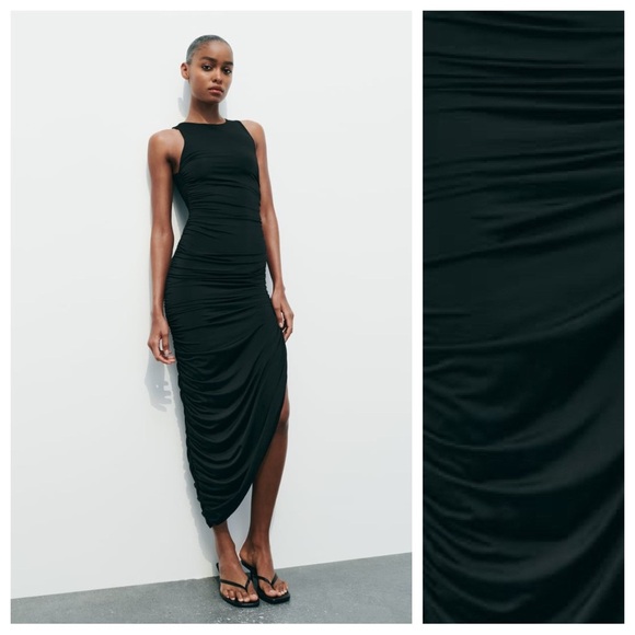 NWT. Zara Black Fitted Draped Sleeveless Midi Dress. Size S. - Picture 1 of 7